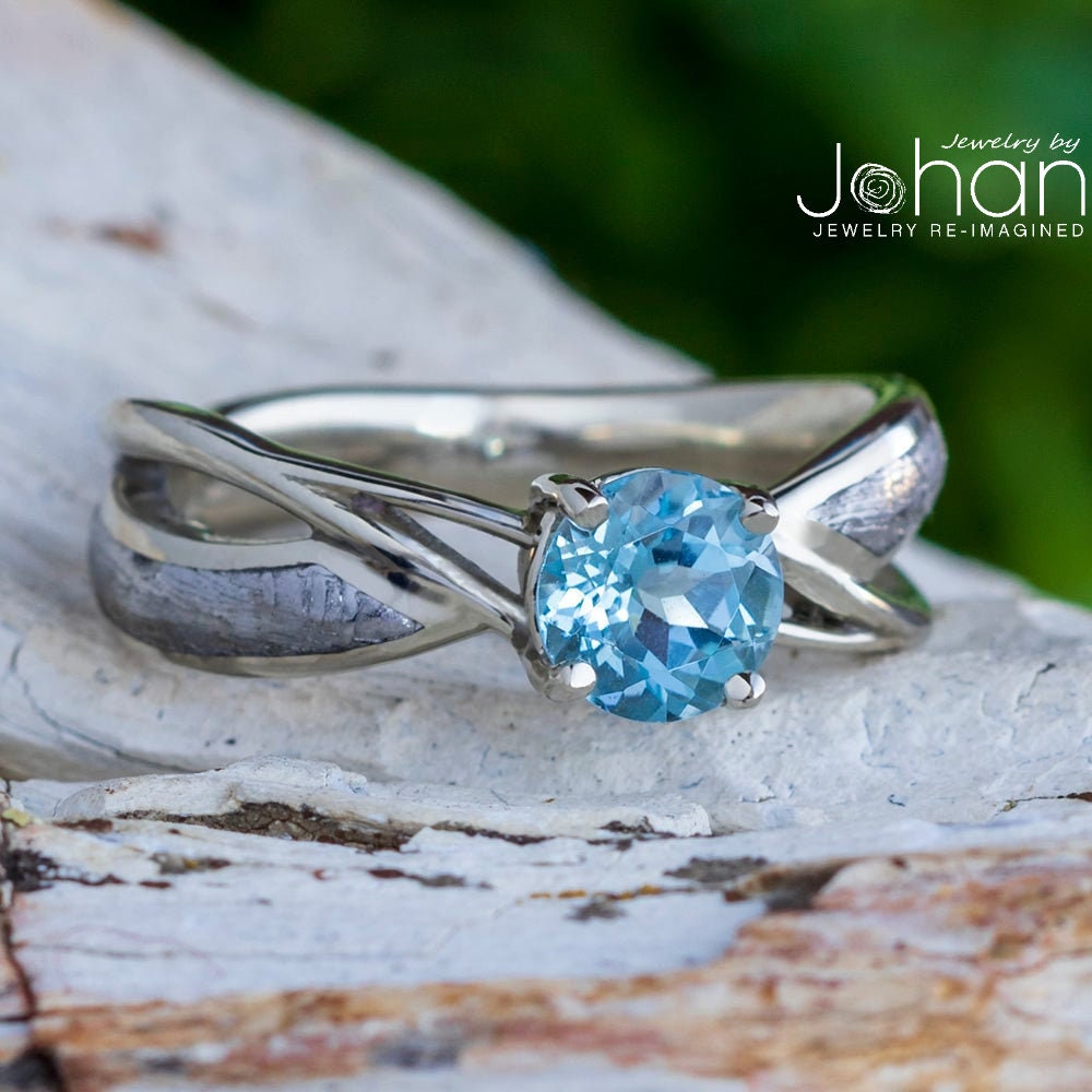 Meteorite & Sky Blue Topaz Engagement Ring in White Gold With Split Shank Twist Band