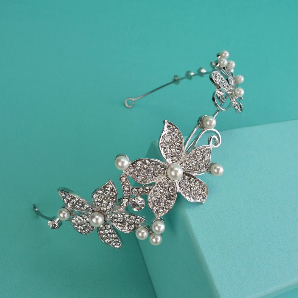 Clearance Crystal & White Pearl Side Bridal Headband, Silver Wedding Tiara, Rhinestone Crown, Headpiece, Hair Accessory, Ti-027