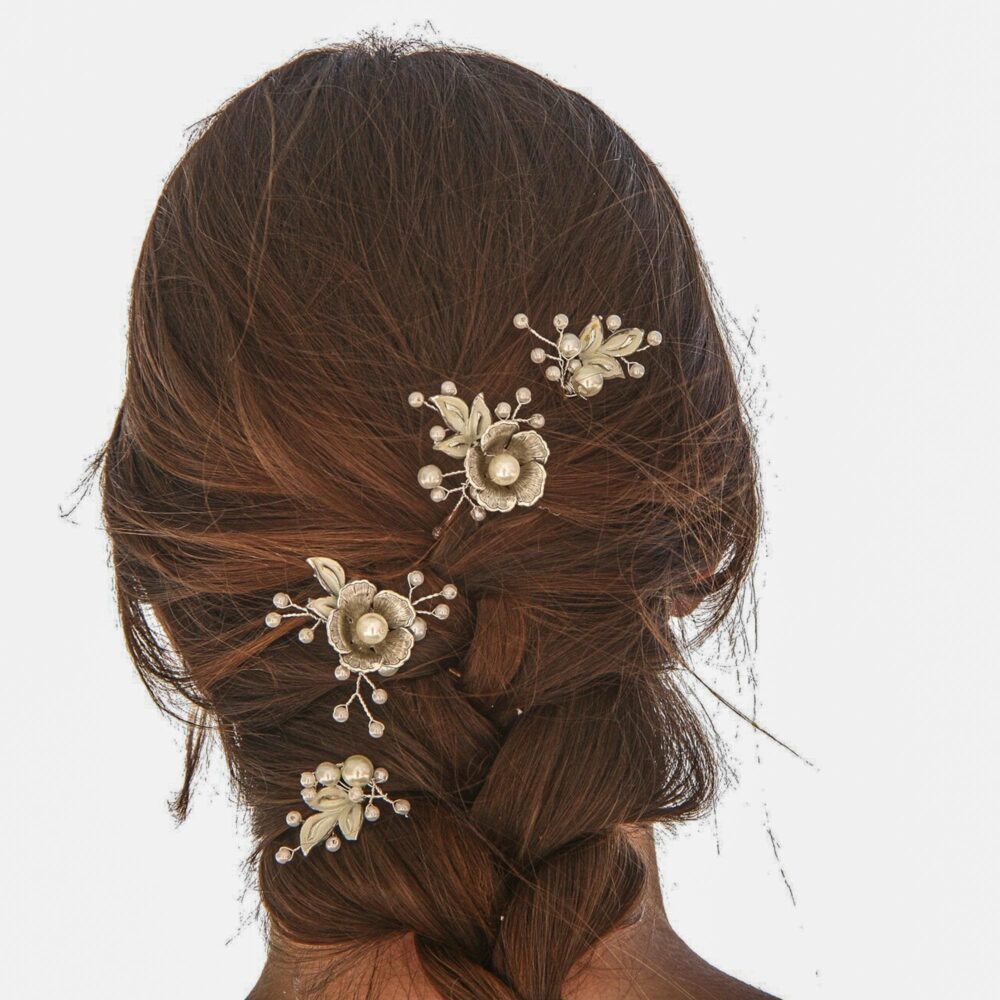 Silver & White Wedding Hair Pins With Pearls Vintage Leaves Flowers