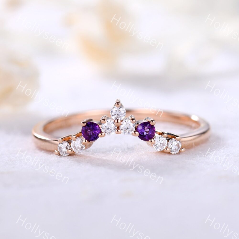 Amethyst Moissanite Curved Wedding Band Silver Rose Gold Stacking Ring Purple Gemstone Stack Chevron Bridal February Birthstone