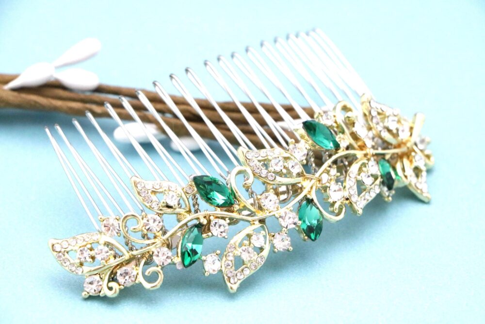 Emerald Crystal Rhinestone Hair Comb Gold Veil Comb Wedding Hair Accessories Rose Gold Bridal Clip Navy Blue