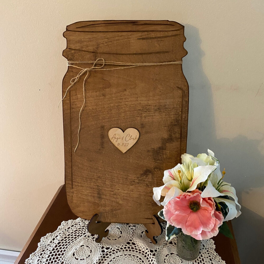 Personalized Mason Jar Wedding Guest Book Alternative Engraved Wood Rustic Decor