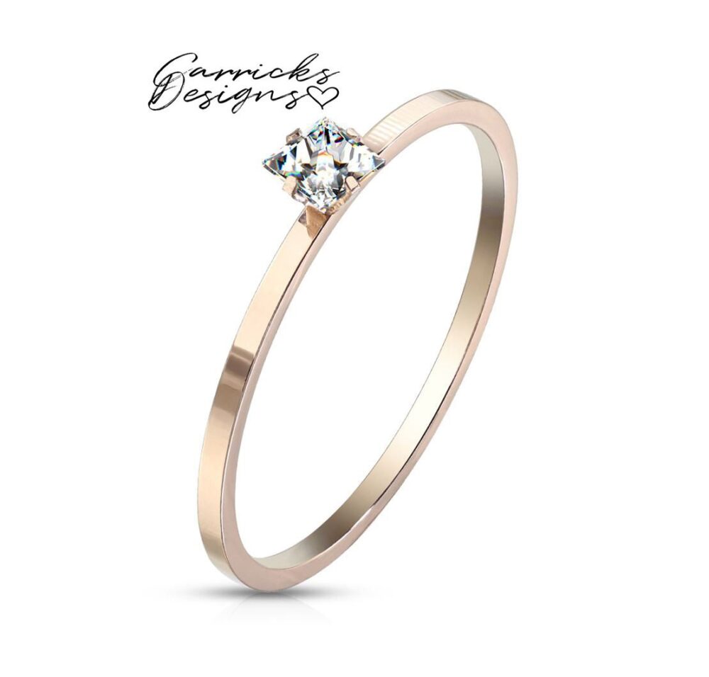 Women's Dainty Promise Ring Diamond Shaped Gem Rose Gold Over 316L Surical Steel