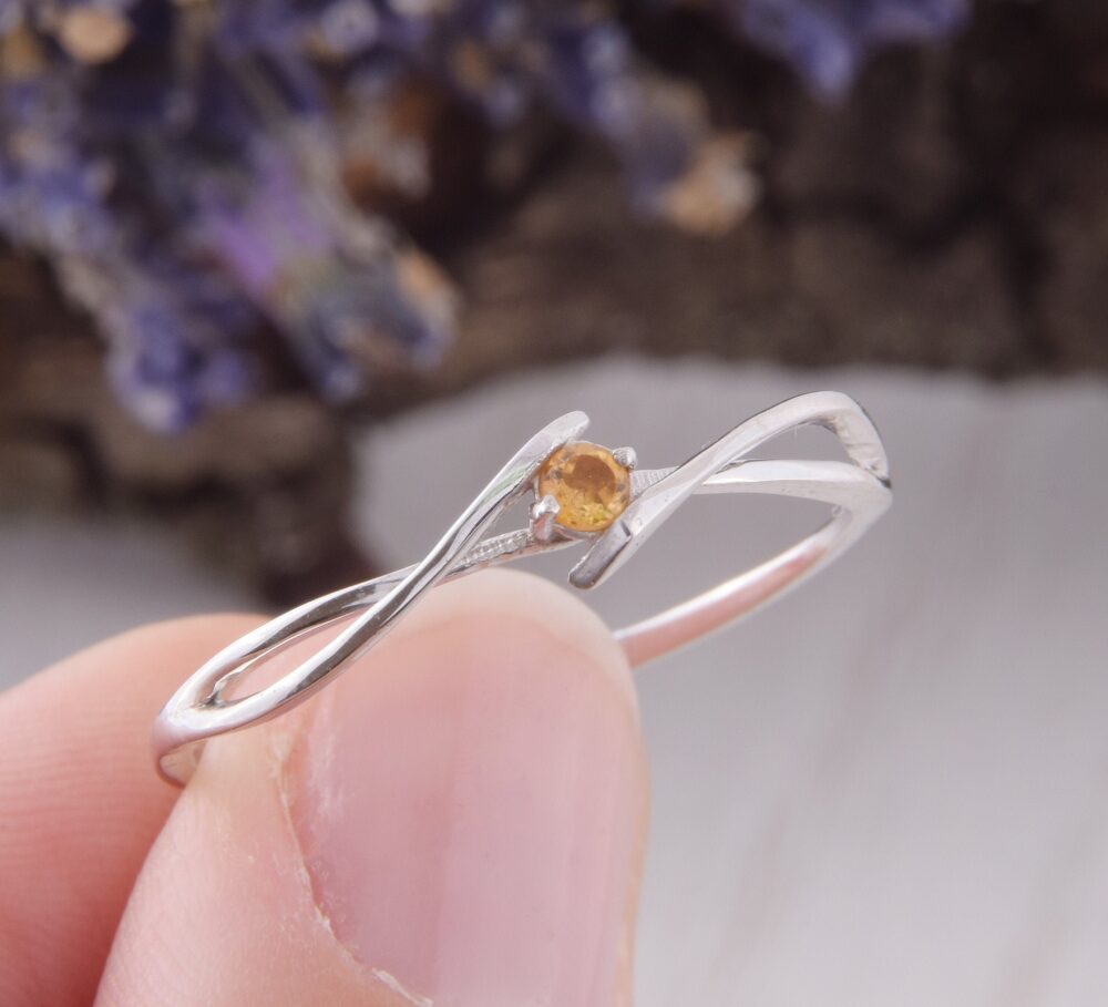 14K Solid White Gold Citrine Promise Ring For Her, Unique Celtic Womens Ring, Small & Dainty Engagement