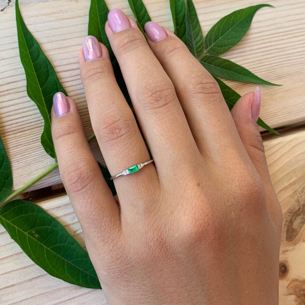 14K Solid White Gold Emerald Promise Ring For Her, Unique Small & Dainty Womens Ring, Womens Baguette Cut