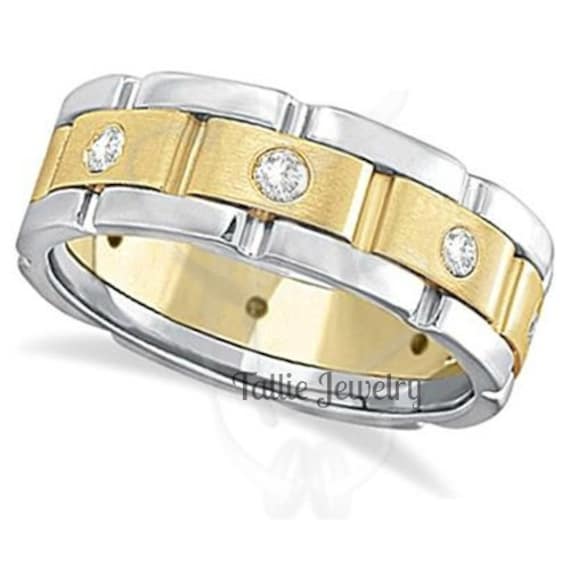 Two Tone Gold Wedding Bands, 8mm 14K White & Yellow Mens Rings, Bands, Diamond Rings