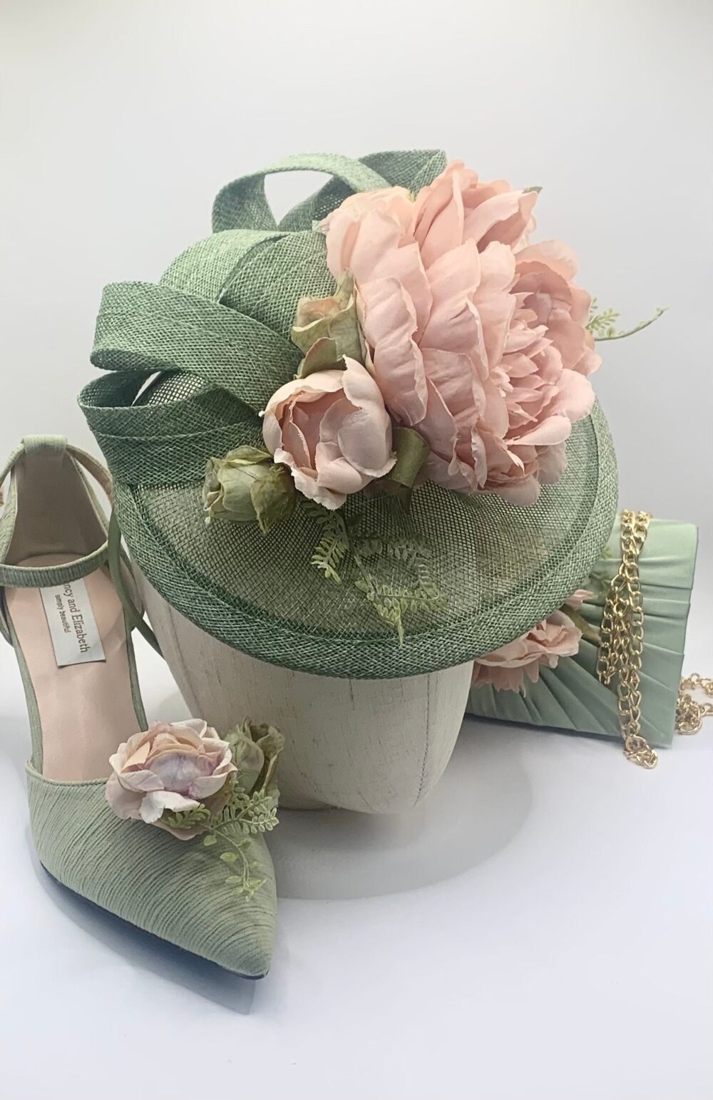 Sage Green Peony Wedding Fascinator Derby Ascot Race Day Hat With Shoes & Clutch