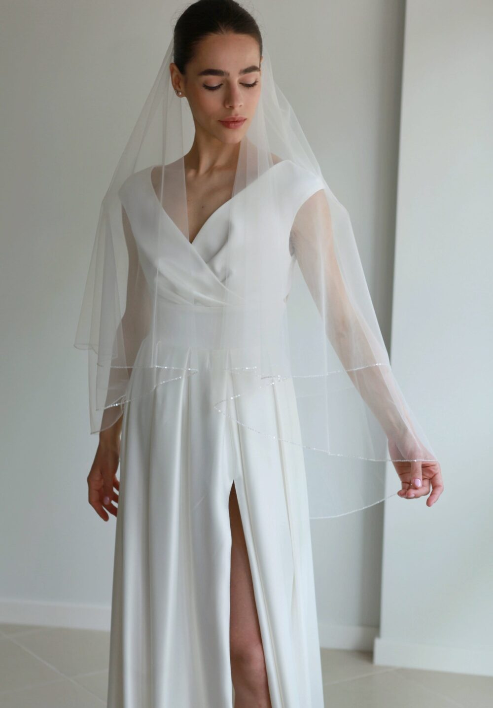 Embroidered Edge Sequin Wedding Veil, Two Tier Fingertip Veil