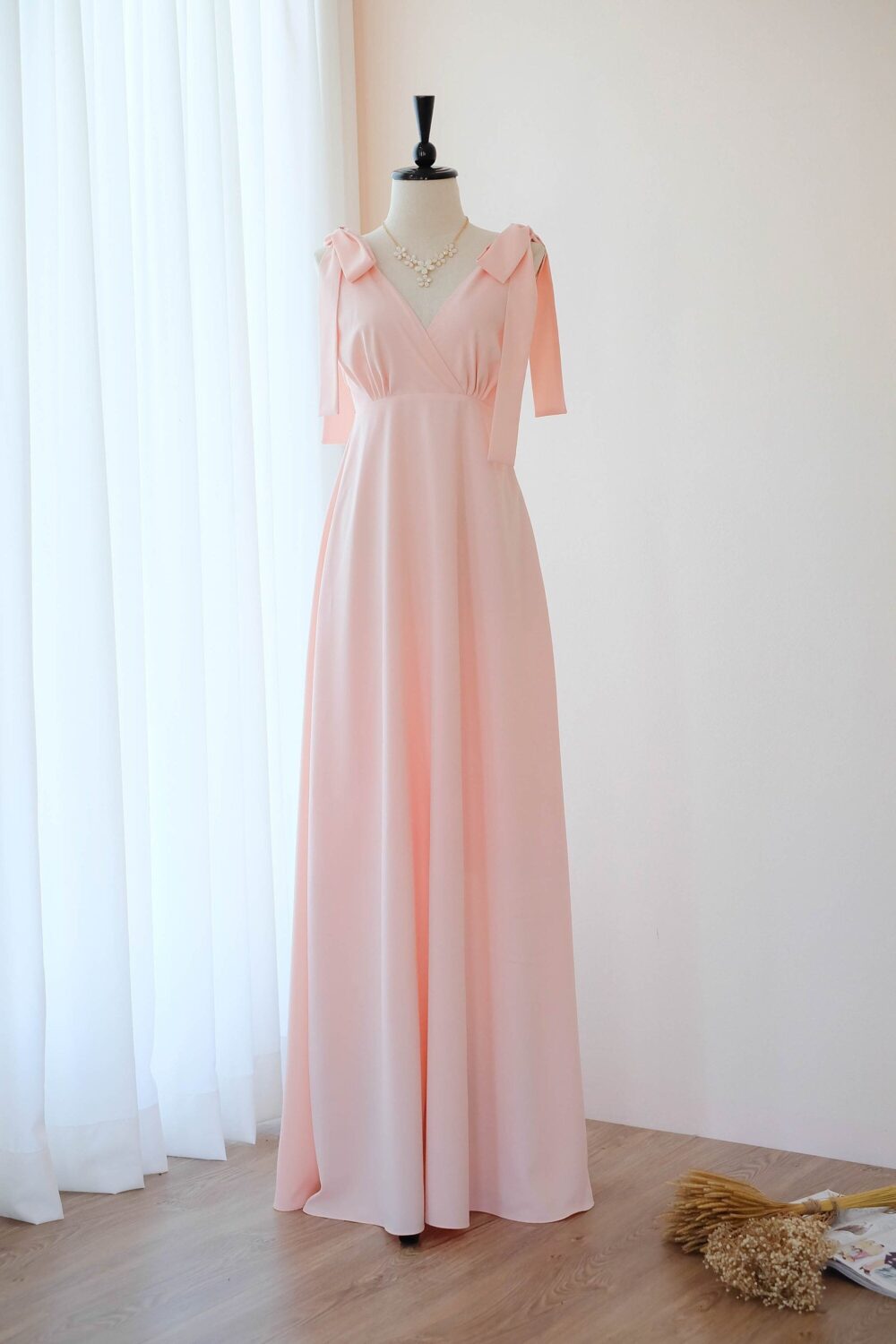 Pink Blush Bridesmaid Dress, Maxi Wedding Guest Dresses V Neck Cocktail Party Outfits Floor Length Long Gown