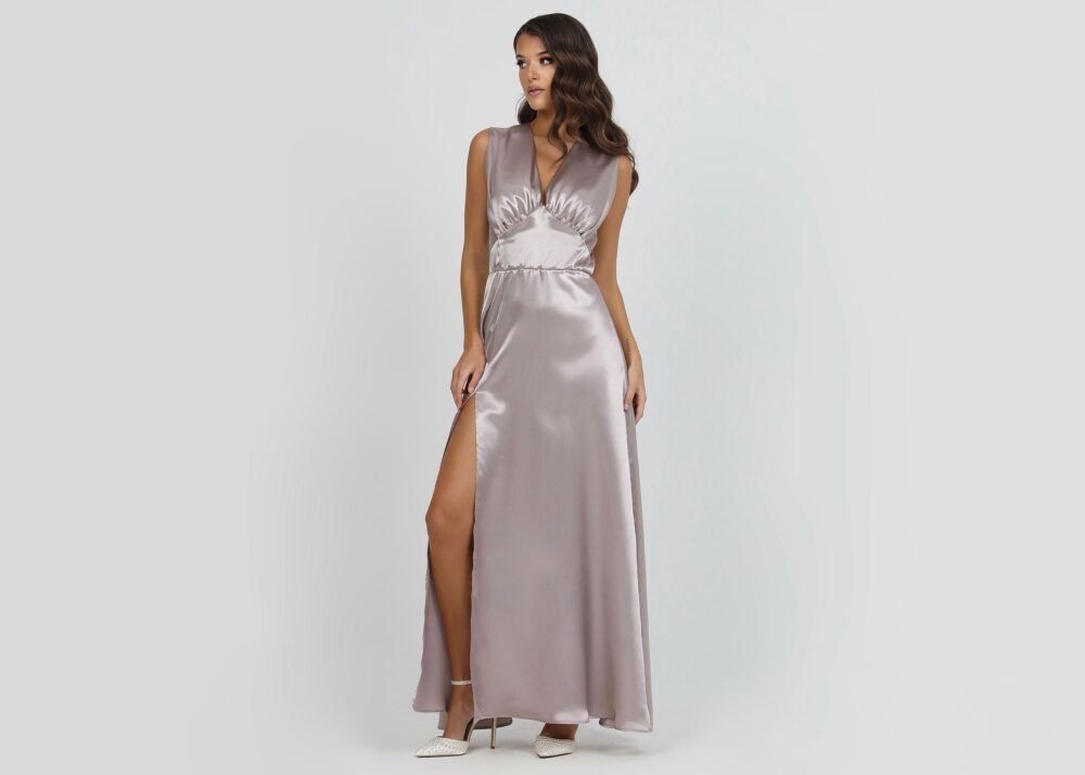 Taupe Bridesmaid Dress Satin, Wedding Guest Dress, Satin Evening Long Crepe Back Sleeveless