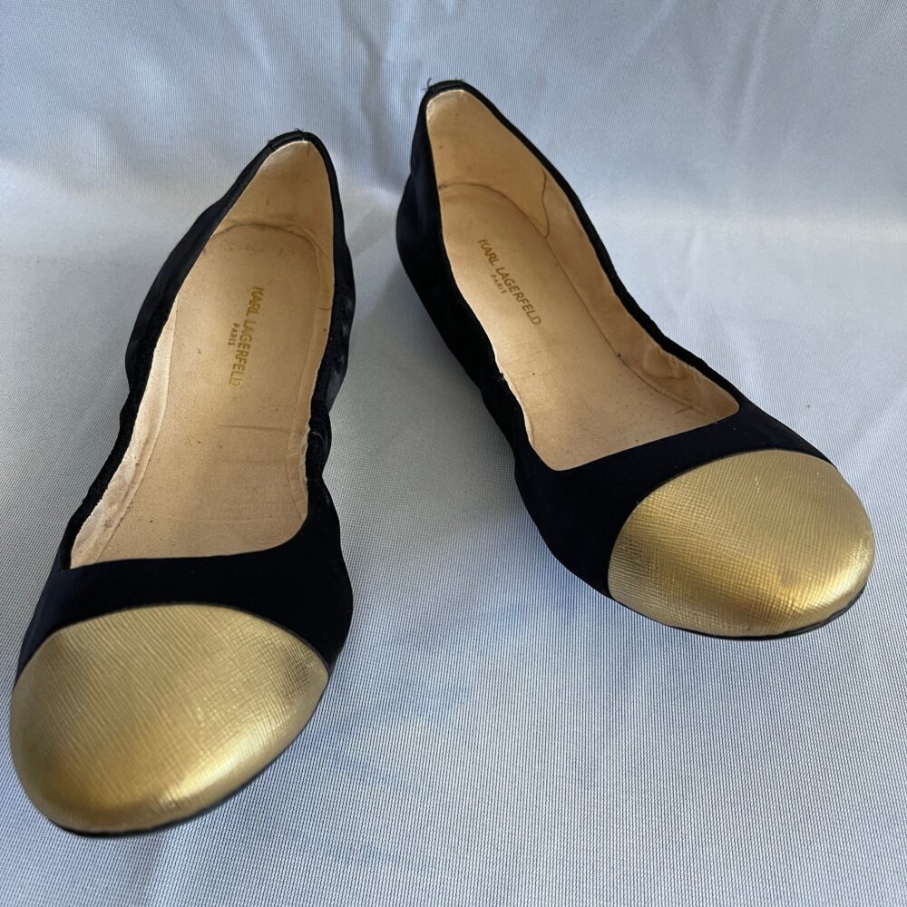 Karl Lagerfeld Stretch Black Satin /Gold Cap Pointed Ballet Flats With Gold Accented Toes Women's Size 9 Shoes