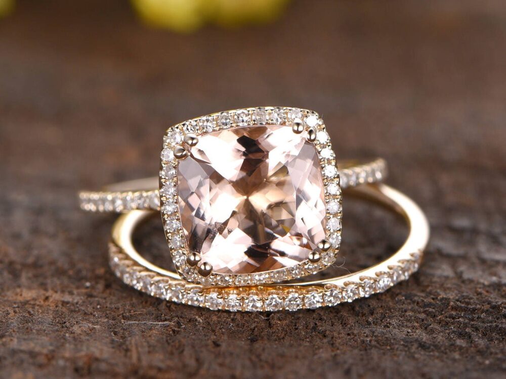 3Ct Morganite Engagement Ring Set Bridal 14K Yellow Gold Diamond Wedding Stackable Band Cushion Cut Promise