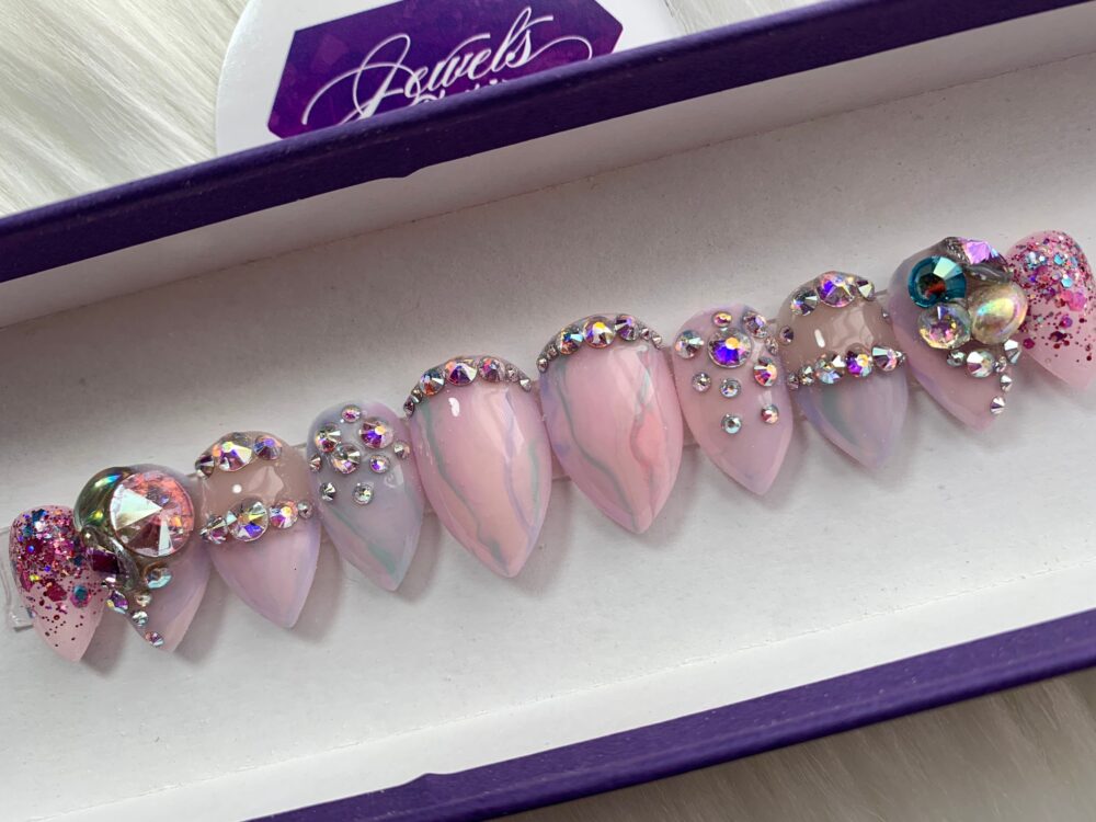 Jeweled Bubble Gum || Gel Overlay/Hard Gel Nails & Color Press On Jewels Nails