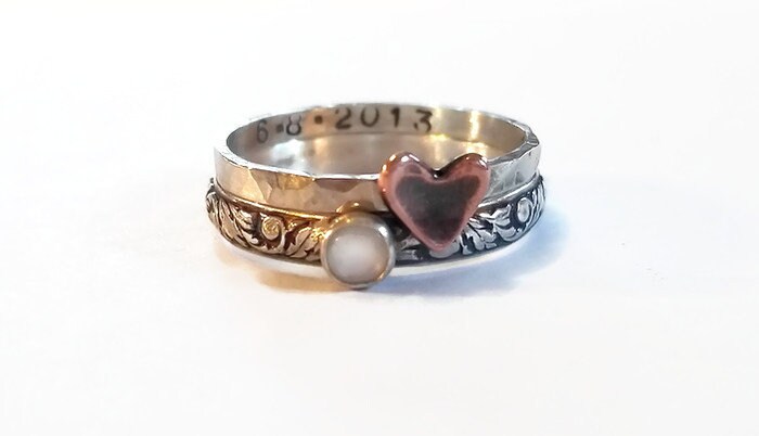 Personalized Stack Ring, Copper Heart Set, Oxidized, Stack Ring, Anniversary Band, Mother Ring, Birthstone Ring, Hand Stamped Ring, Mom Ring