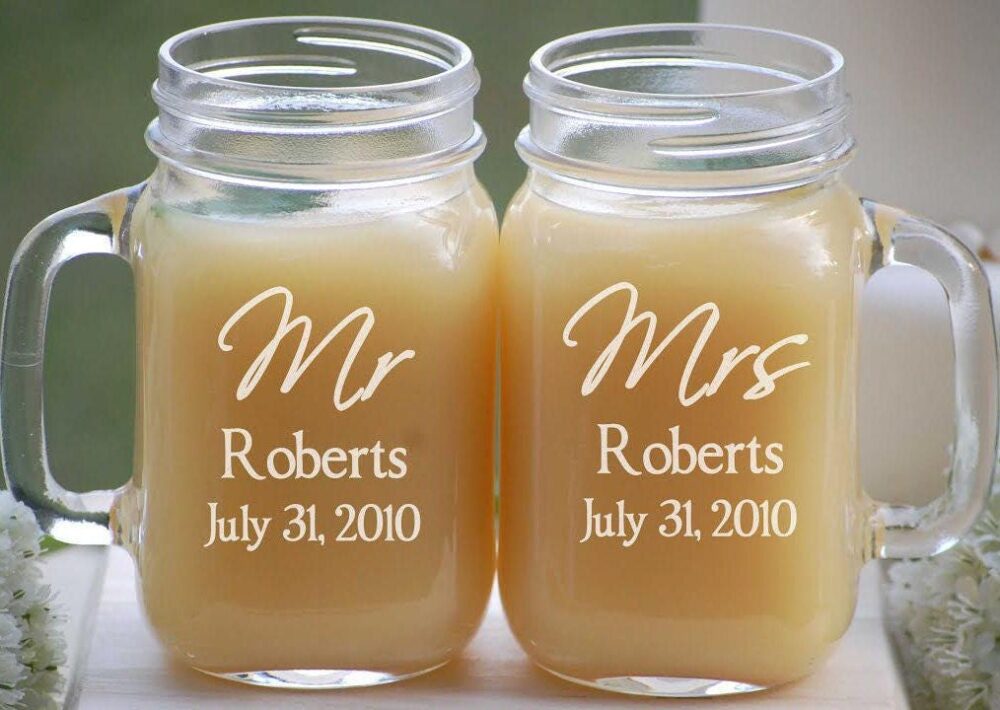 Personalized Mason Jar Gift/Wedding Mr & Mrs Mugs Engraved Script Font Last Name - Date Custom Rustic Ideas
