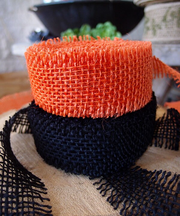 1.5"x 10 Yards Orange Jute Ribbon With Fringe Edge, Burlap Ribbon, Rustic Fall Jute