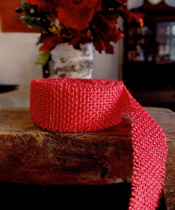 1.5"x 10 Yards Red Jute Ribbon With Fringe Edge, Burlap Ribbon, Rustic Farmhouse