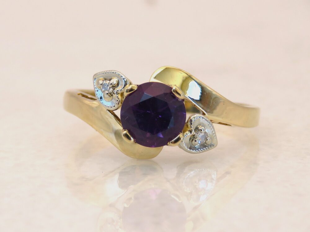 Vintage 10K Amethyst & Diamond Hearts Ring