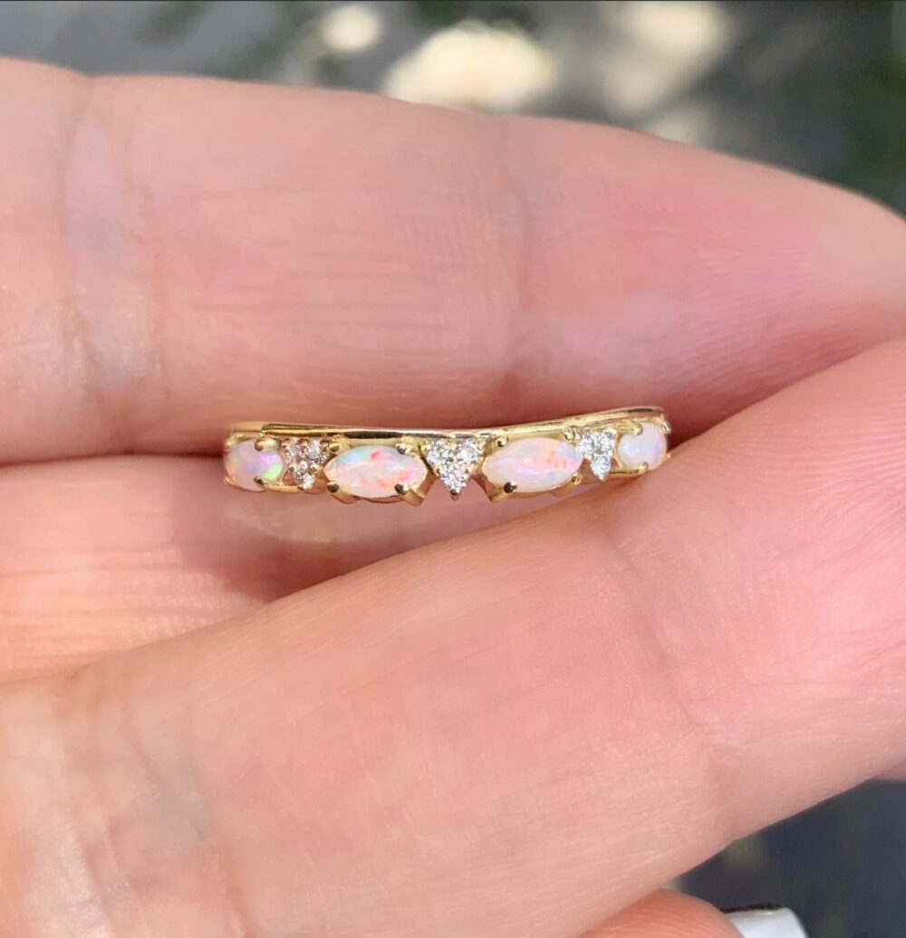 Marquise Opal Enhancer Ring With 3 Cluster Set Round Diamonds/ Tracer Wrap Band, Curved Shadow Contour Ring, Solitaire Crown Guard