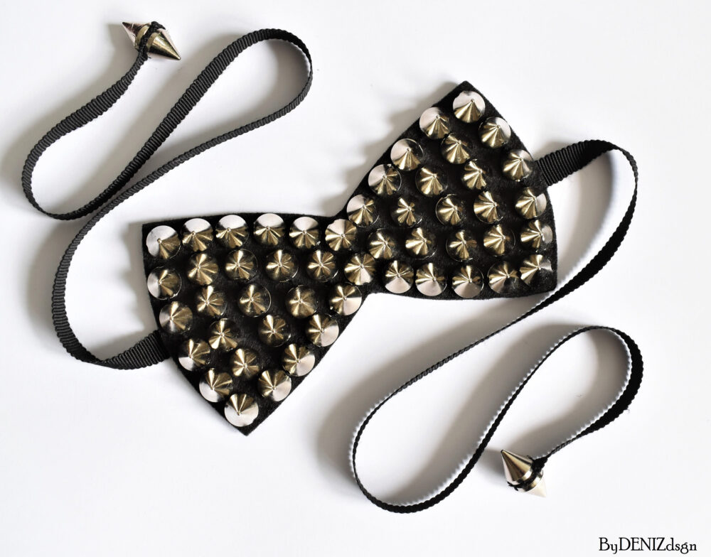 Handmade Spiked Bow Tie Gold & Silver Studded, Black Ribbon