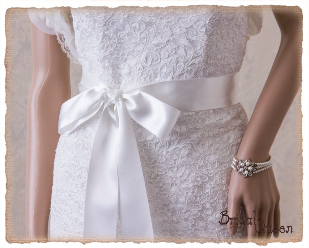 2" French Deluxe Off White Wedding Sash Belt, Bridal Diamond White Satin Ribbon Sash