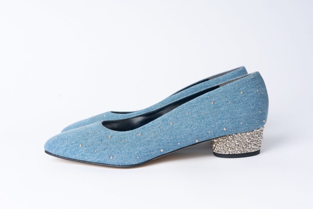 80S J. Renee Silver Studded Denim Pumps With Heels - Size 9.5N