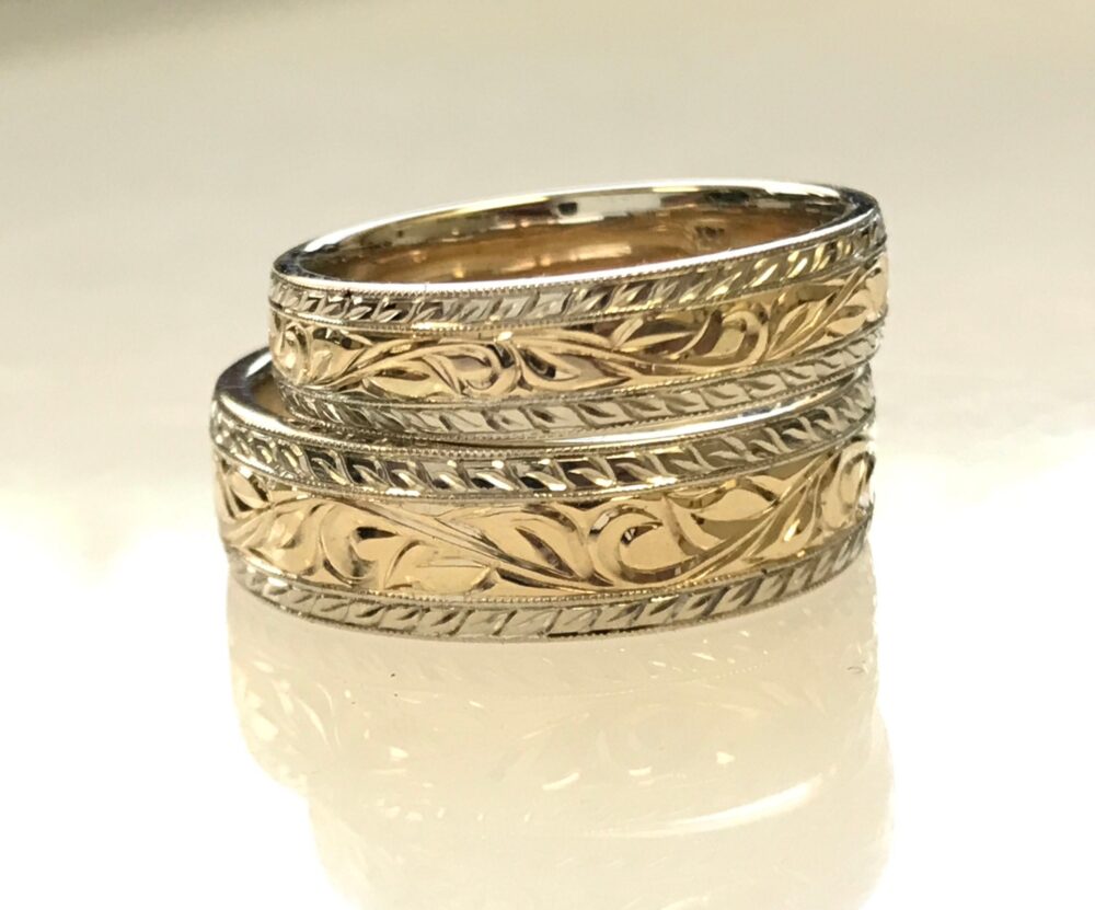 Hand Engraved Vine & Leaf Wedding Band Set in Two Tone Gold