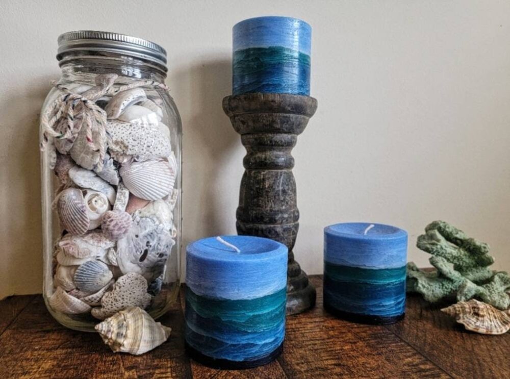 Ocean Blue Aqua Navy Teal Handcrafted Beach Pillar Candle
