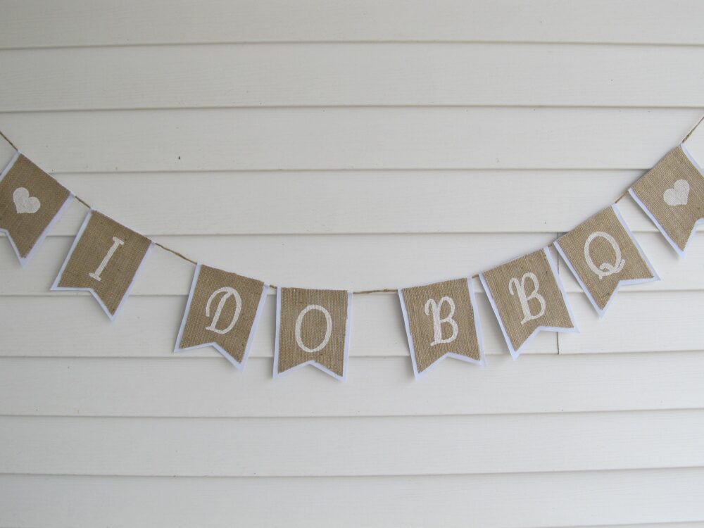 Rustic Burlap "I Do Bbq" Wedding Banner Shown With White Lettering & Outline