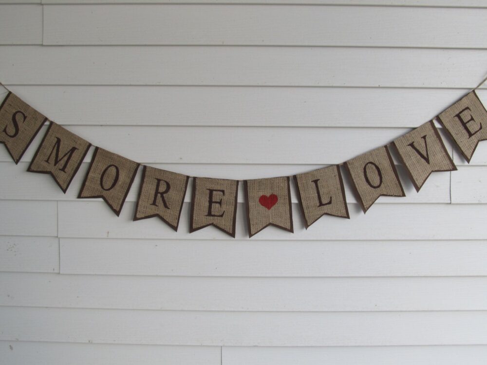 Rustic Burlap "Smore Love" Wedding Banner Shown With Brown Lettering & Outline