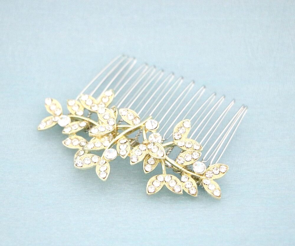 Gold Rhinestone Wedding Hair Comb - Bridal Accessory Hair Clip Rose Gold Comb Side