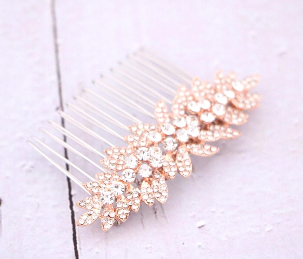 Rose Gold Rhinestone Wedding Hair Comb - Bridal Accessory Side Hair Comb Gold Veil Clip Silver