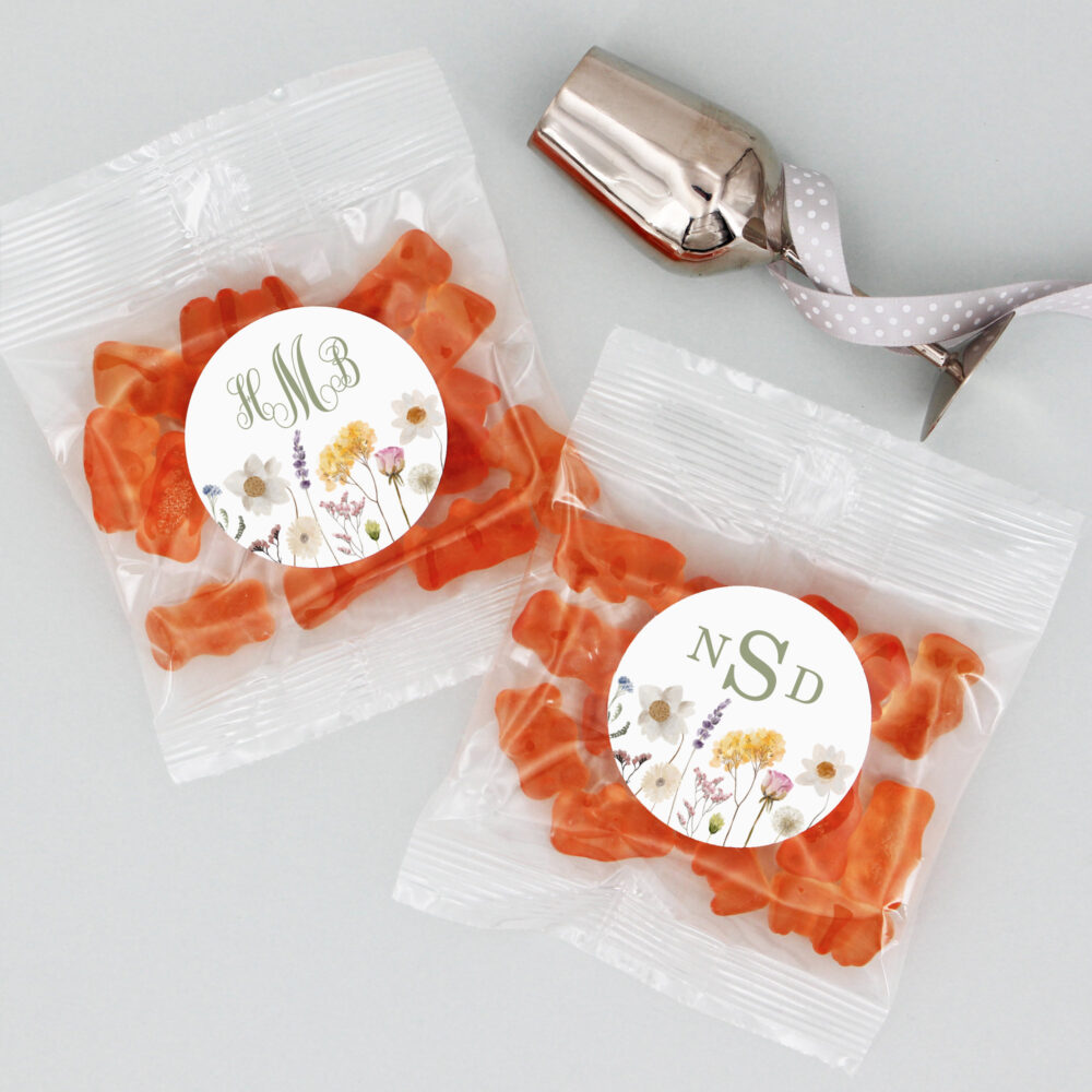 Champagne Gummy Bear Wedding Favors, Monogram Bridal Shower Bachelorette Wildflower Favors -Set Of 20