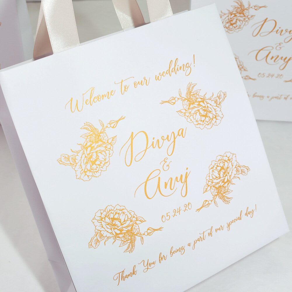 25 Champagne & Gold Wedding Welcome Bags, Elegant Personalized Gift Or Favor Bag With Satin Ribbon Handles, Roses & Your Names For Guests