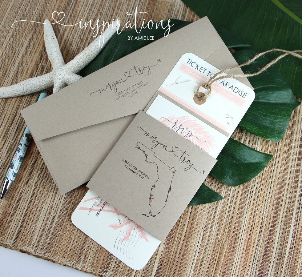 Boarding Pass Wedding Invitations Tropical Destination, Beach Theme