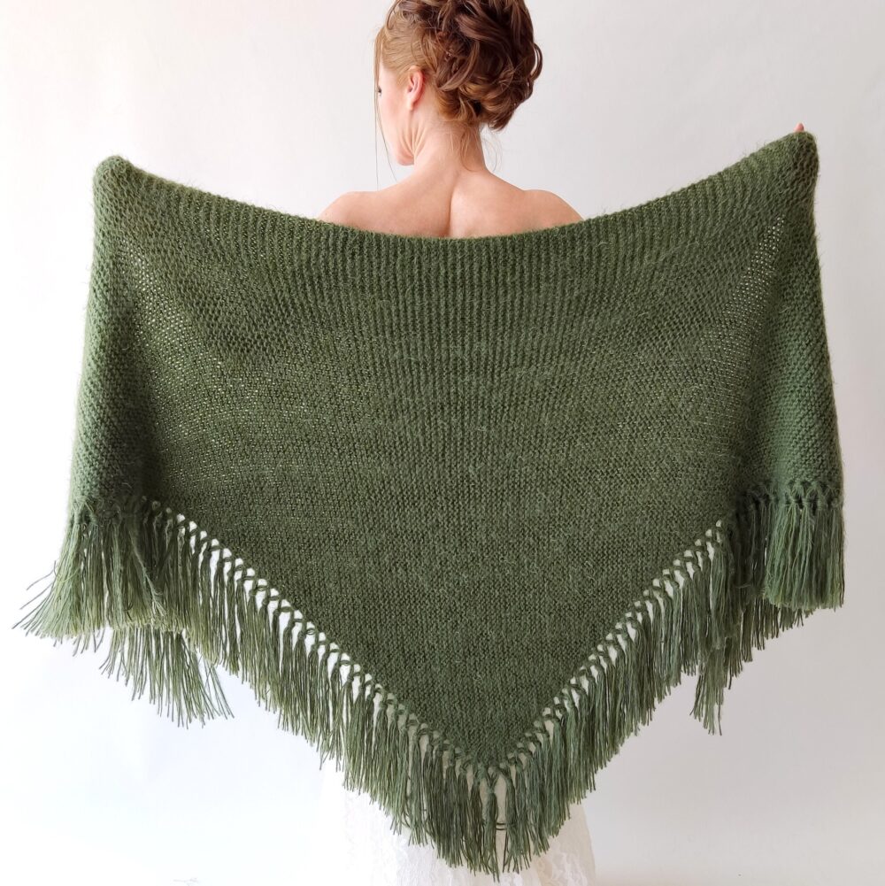 Winter Wedding Shawl, Green Knit Wrap, Olive Bridal Cover Up, Khaki Wool Shawl, Fall Winter Wedding, Bridesmaid Gift, Warm, Fringed, Mohair