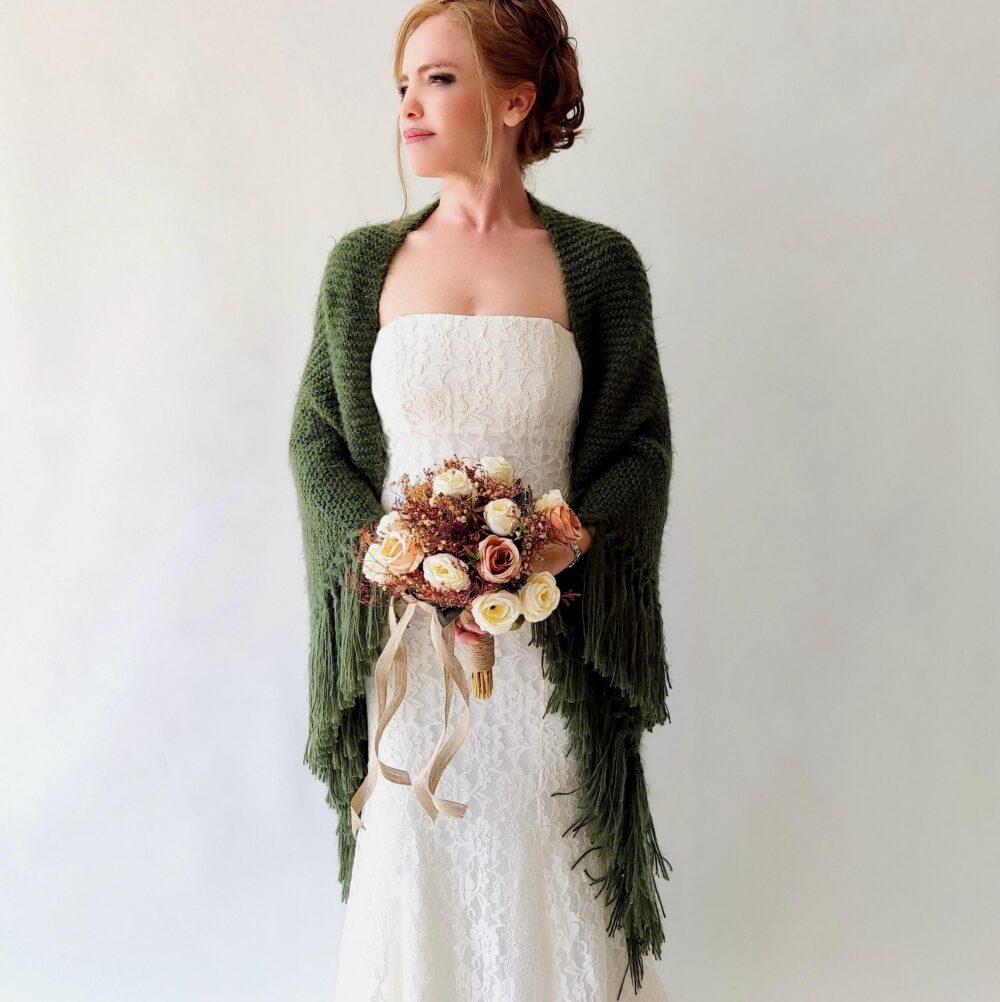 Winter Wedding Shawl, Green Knit Wrap, Olive Bridal Cover Up, Khaki Wool Shawl, Fall Winter Wedding, Bridesmaid Gift, Warm, Fringed, Mohair