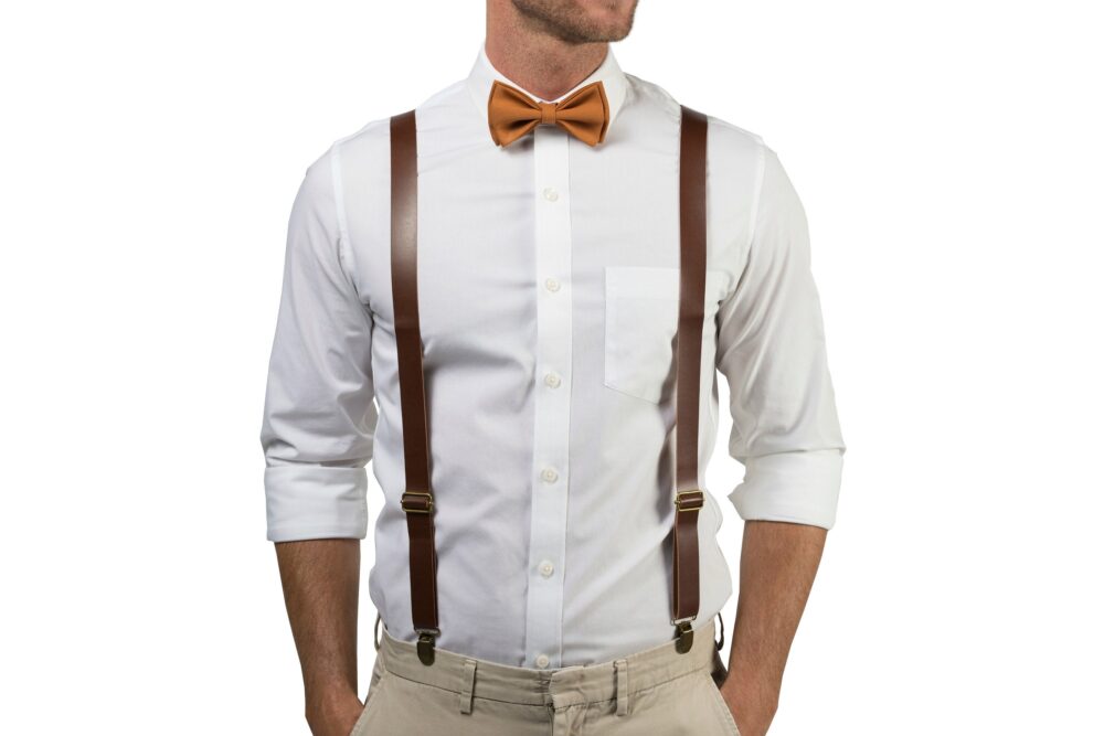 Rust Copper Bow Tie & Brown Leather Suspenders Boys Mens, Weddings Groom Groomsmen, Ring Bearer Outfit