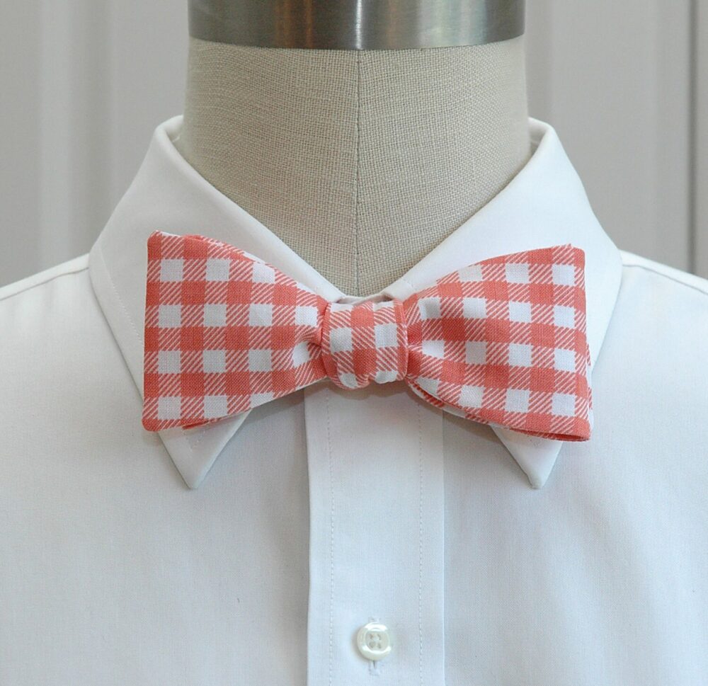 Coral Gingham Plaid Bow Tie Wedding Groom Groomsmen Bowtie
