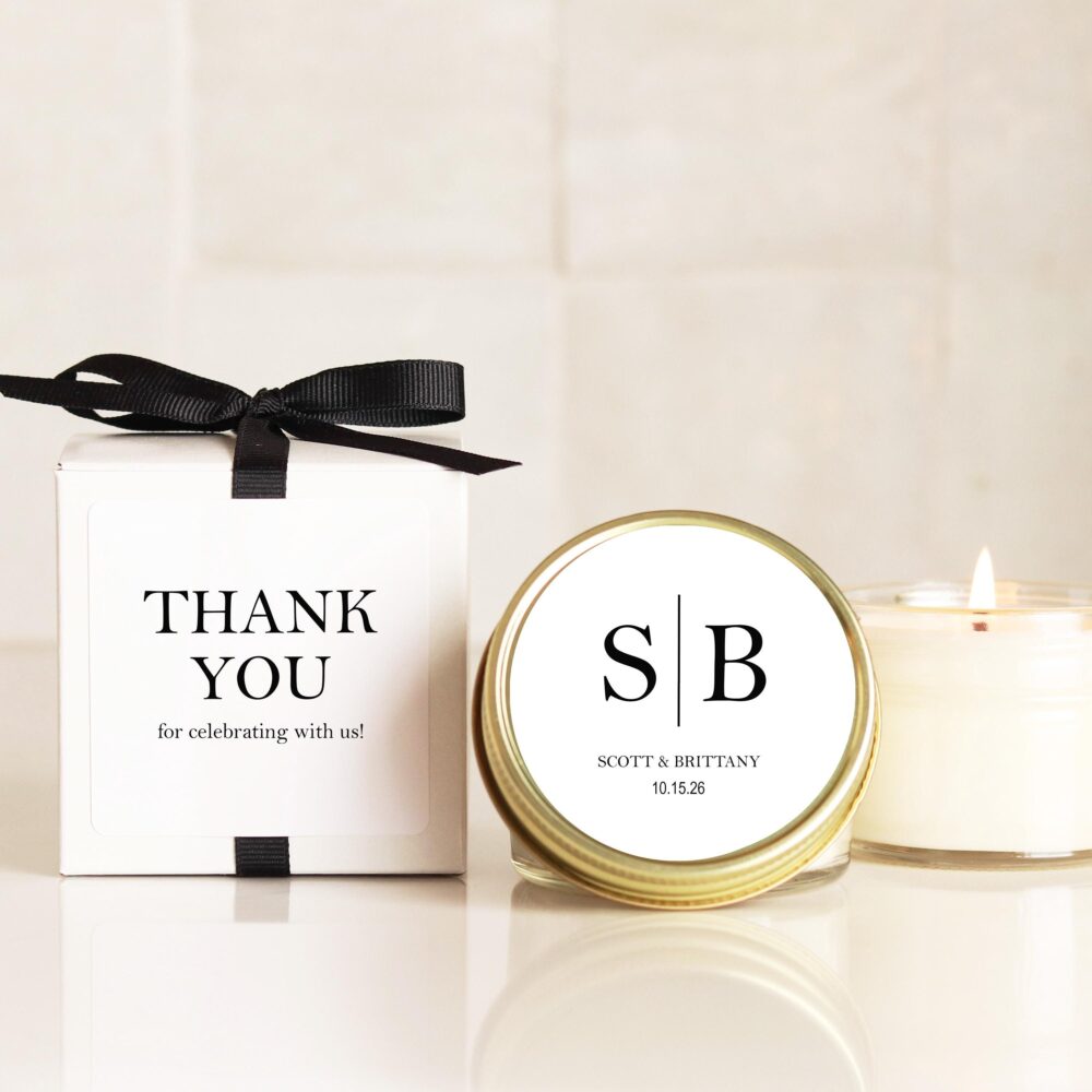 Personalized Wedding Favor Candles Soy Wax, Monogrammed Label