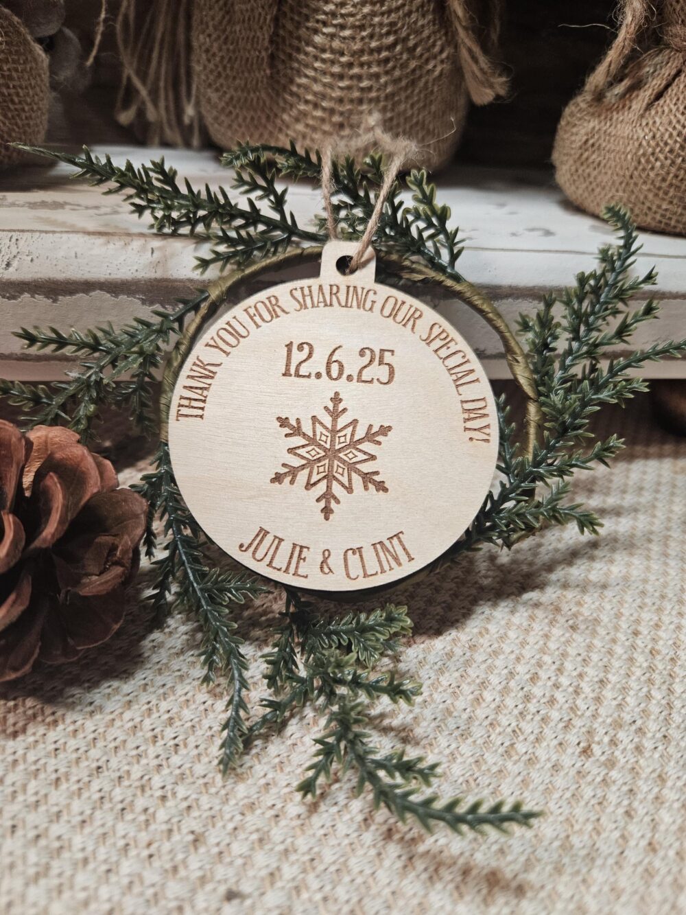 Personalized Christmas Ornament Wedding Favors Engraved Wood Snowflake