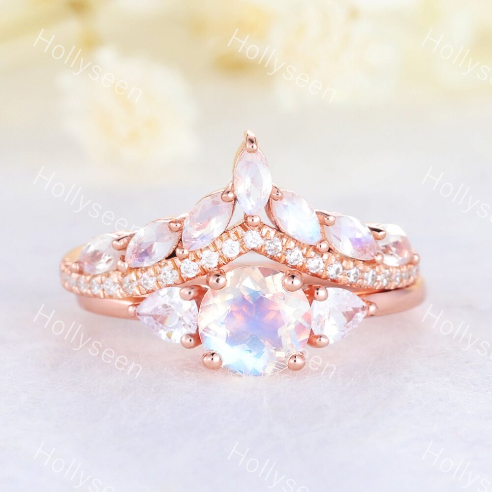 Rainbow Moonstone 3 Stone Engagement Ring Set Cz Diamond Wedding Band Curved Marquise Matching Band Vintage Women Anniversary Gift Sets