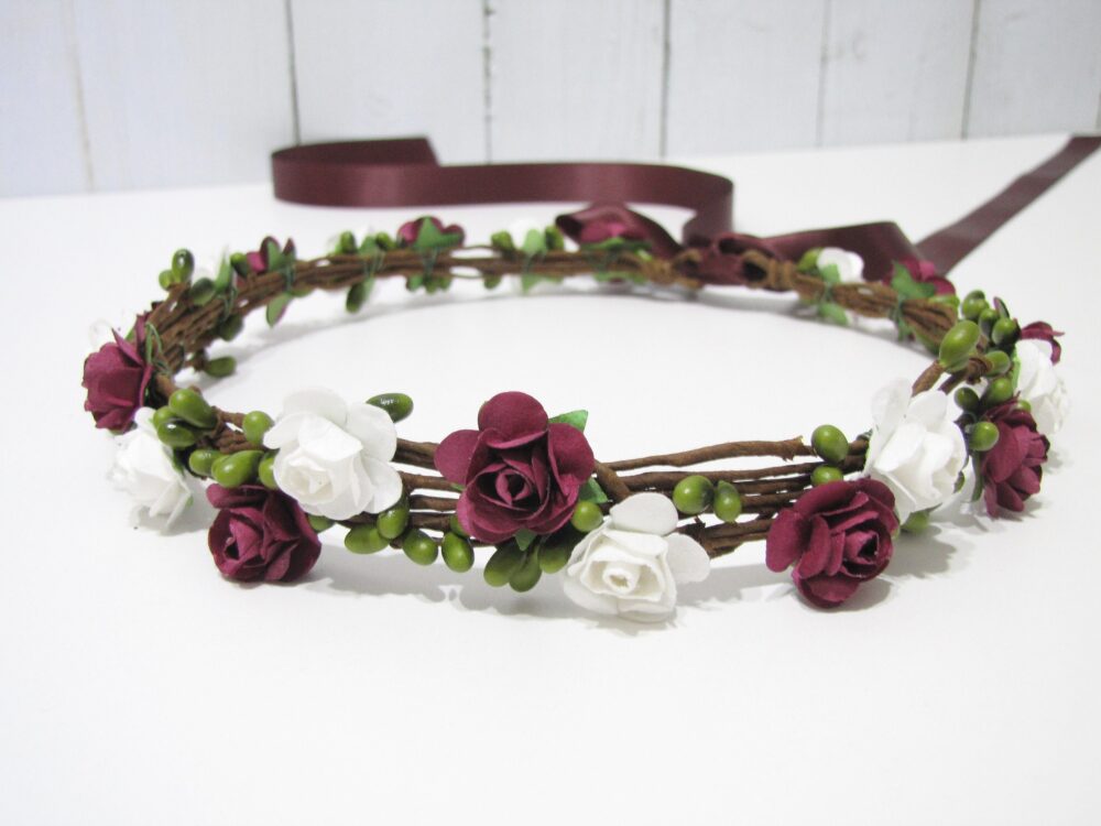 Burgundy Floral Crown, Two Flower Color Headband, White Red Wedding Bridesmaid Girls Headband