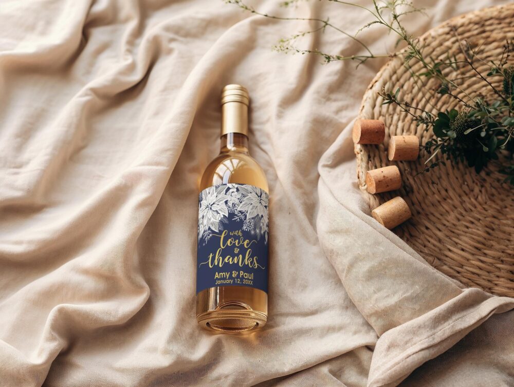 Poinsettia Winter Wedding Wine Labels Personalized Favors, Set Of 4