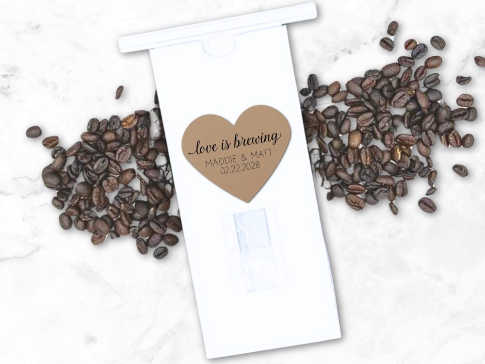 Coffee Favor Bags For Wedding Or Shower - Love Is Brewing, 15 Heart Stickers, Optional Gift Bags, Personalized Favor Labels, Guests