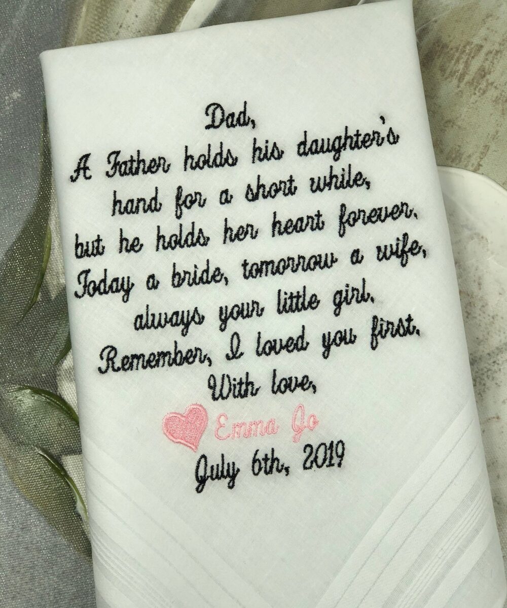 Father Of The Bride Wedding Handkerchief, To Her Dad On Day, Bridal Gift Personalized Father Bride Handkerchief