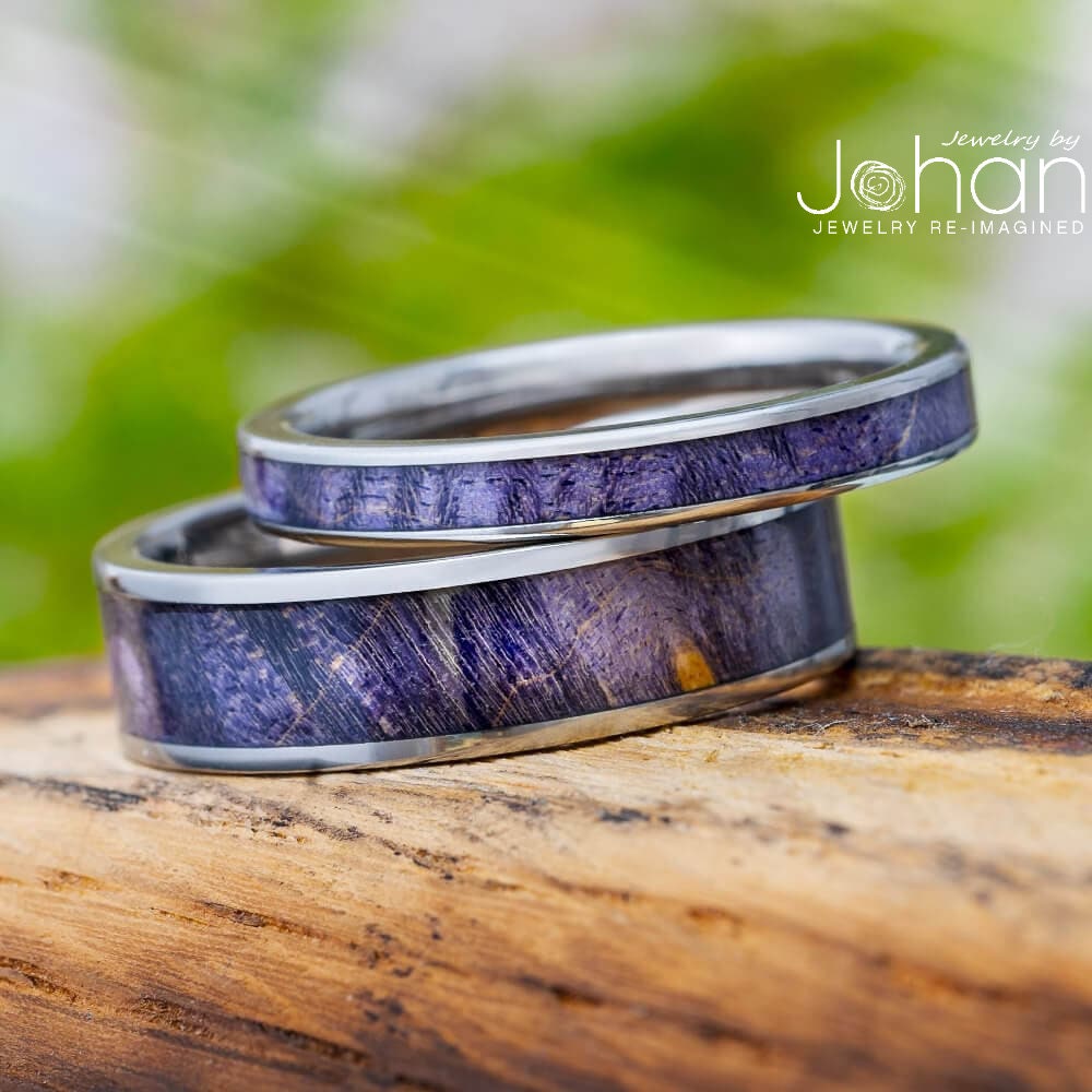 Purple Box Elder Burl Wood Wedding Ring Set, Titanium Rings