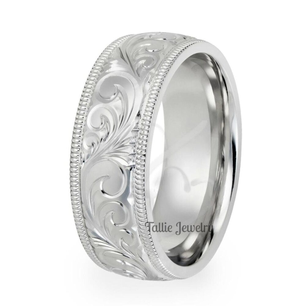 Hand Engraved Platinum Wedding Band, Ring, Mens Bands, Rings