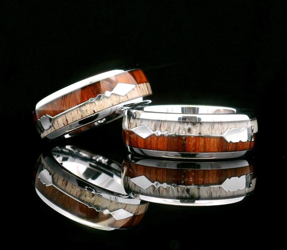 Couples Rings | His & Hers Tungsten Carbide Set Wood Antler Wedding Bands - 8mm