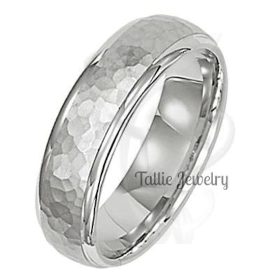 Hammered Finish Mens Wedding Band, Ring, 6mm 10K 14K 18K Solid White Gold Bands, Rings For Men, His & Hers